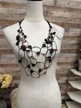 Sylvia Black Leather & Shell Loop Necklace OS